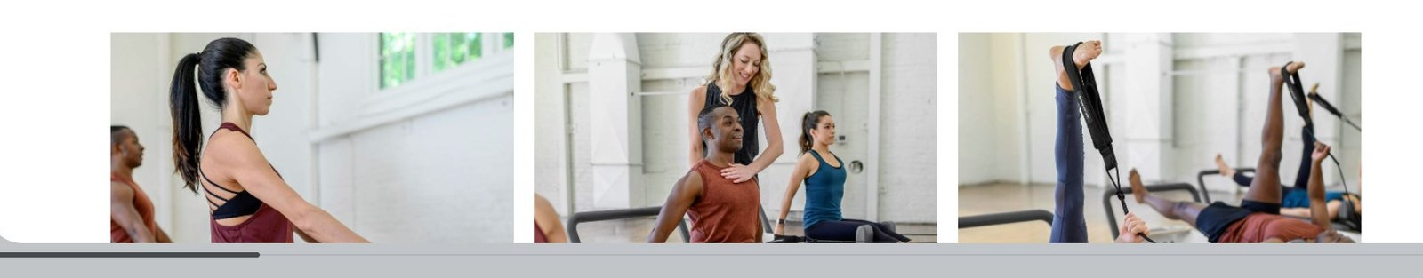 Photos from the BodyBar Pilates instructor curriculum showing real studio practice, instructor coaching, and reformer-based exercise